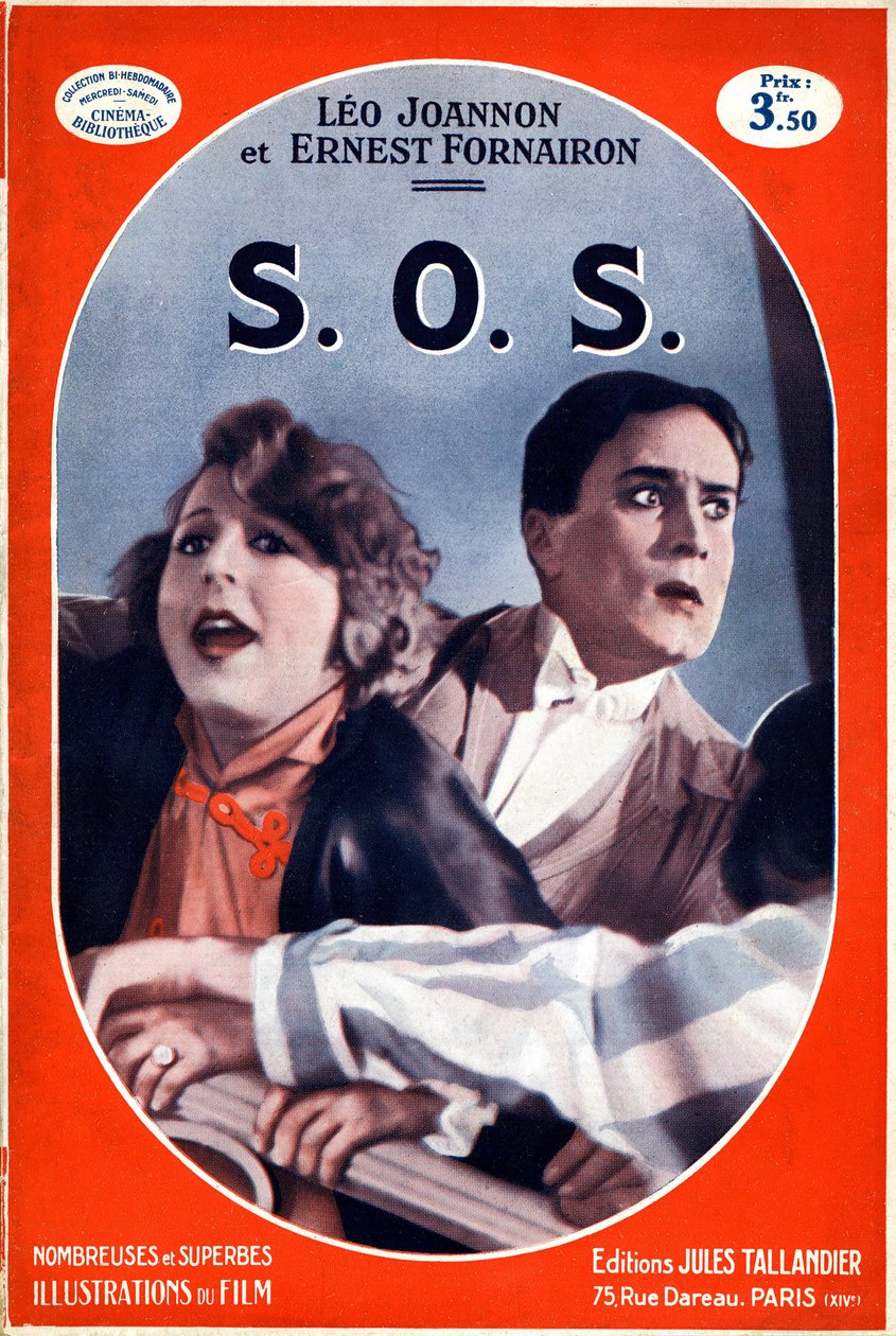 Cover of the book S.O.S. (SOS) with an image of the eponymous film by Carmine Gallone. Illustration of the acronym of call for help, distress signal from the Morse alphabet came into effect in 1908. Edition Jules Tallandier (litho) 作者 法语学校