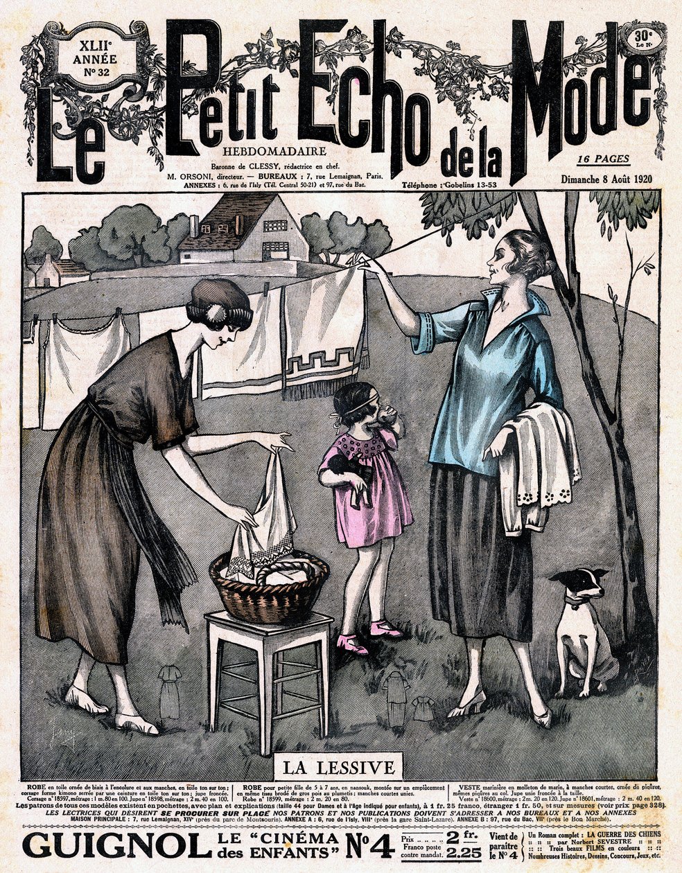 报纸 "Le petit echo de la mode "洗涤剂的封面--两个女人带着一个女孩和一只狗在外面的线上铺开晾晒的亚麻布，8月8日第32期 作者 法语学校