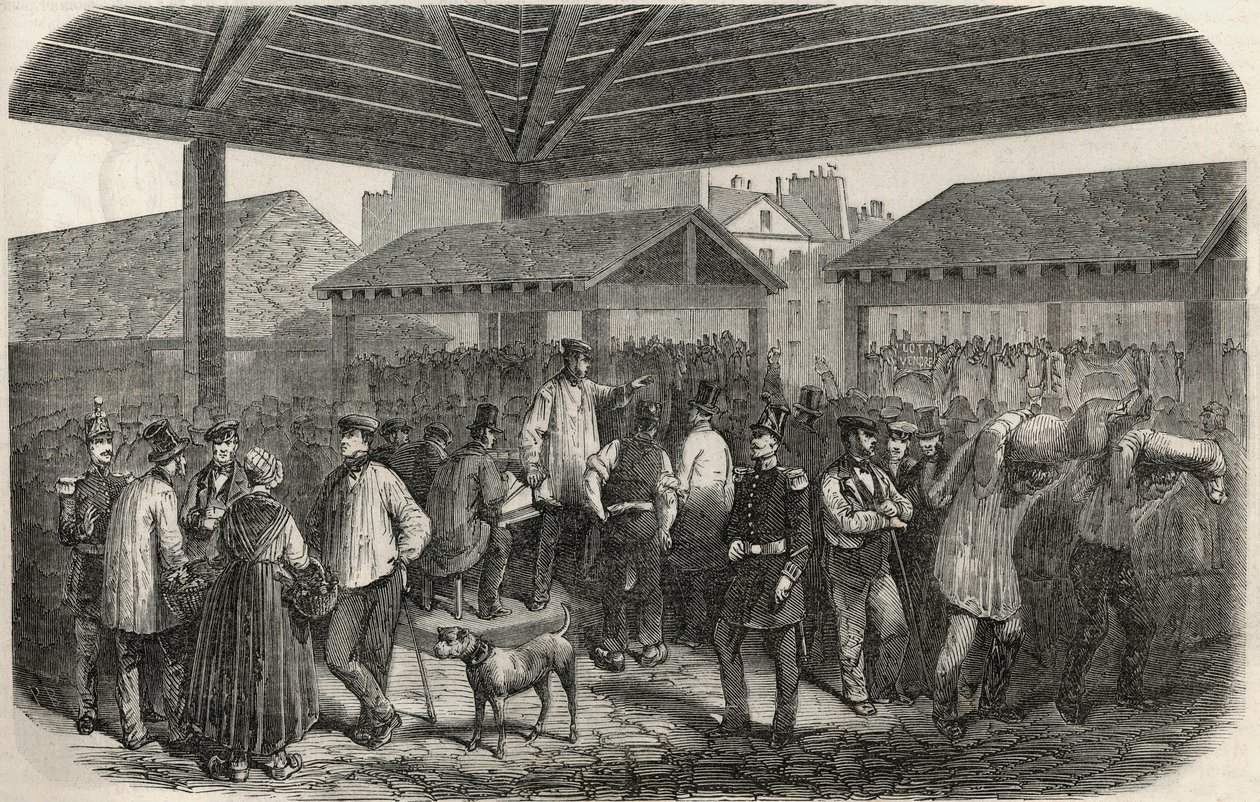 巴黎第一区普鲁瓦尔街市场上的克里族肉店--埃德蒙-特克西尔1852年所作的 "巴黎表 "中的版画。 作者 法语学校