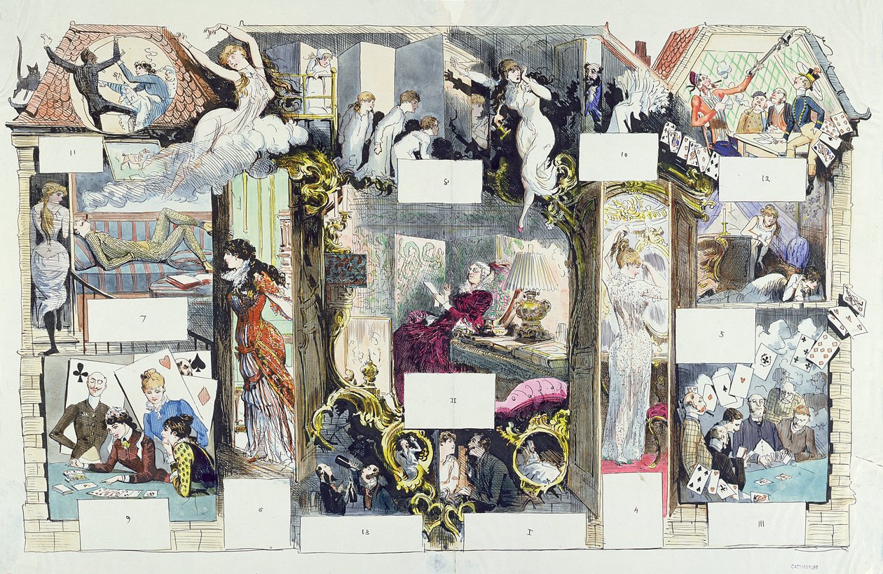 巴黎房子的横截面，La Vie Parisienne的插图，c.1875（彩色雕刻） 作者 法语学校