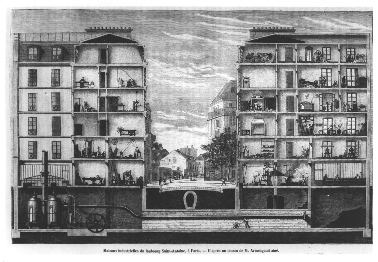 巴黎Faubourg Saint-Antoine工业房屋的横截面图，1885年Le Magasin Pittoresque的插图 作者 法语学校