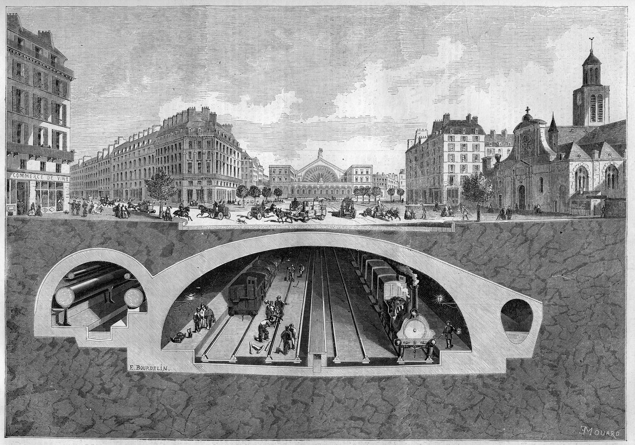 Cross section representing the underground railway project in Paris, from the Vilette to the central halls, in 1861. Engraving in “” Le Monde Illustré”” n°213 of 11 May 1861. 作者 法语学校