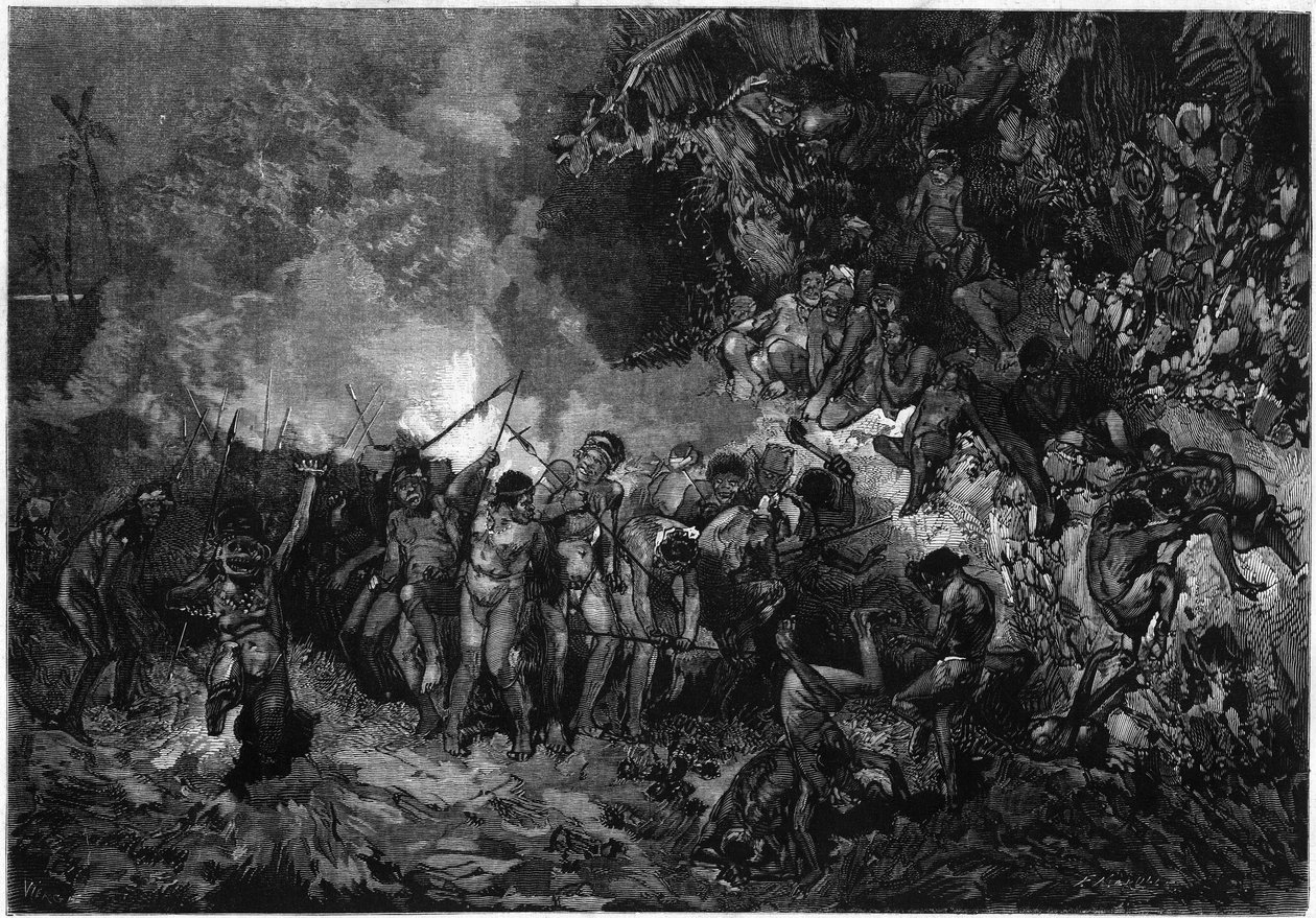 新喀里多尼亚的习俗。皮鲁皮鲁（Pilou-pilou），传统的卡纳克舞蹈。1872年1月27日《世界画报》第772期上的版画。 作者 法语学校