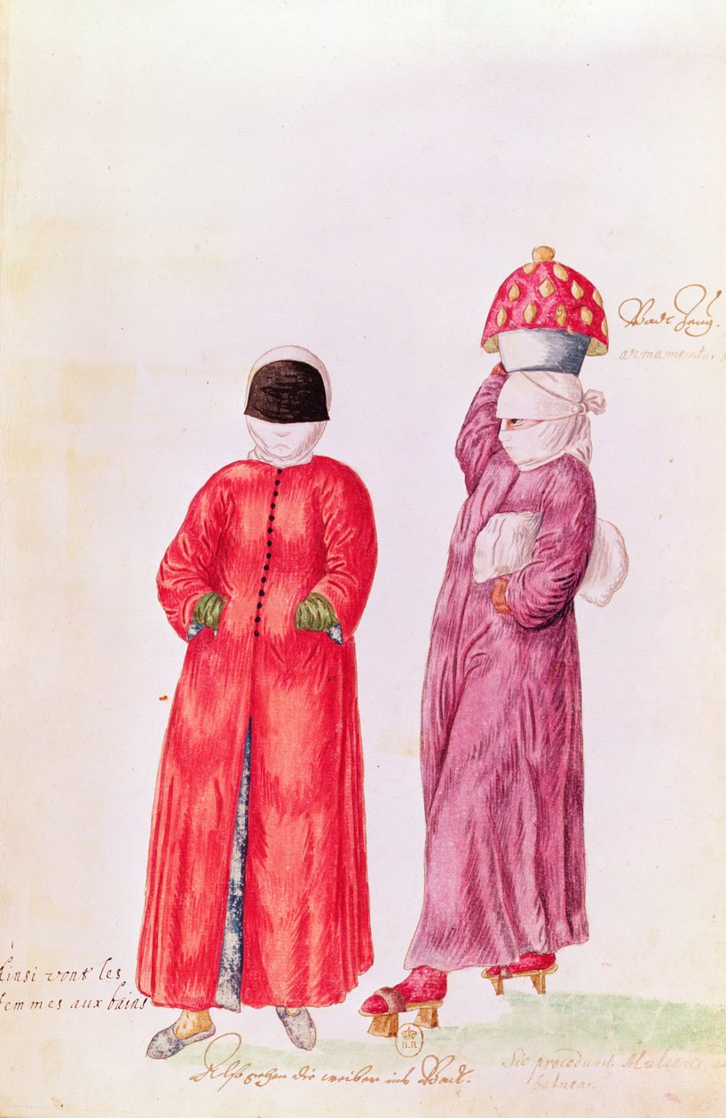 东部国家的风俗和服装以及不同的着装状态 - 妇女要洗澡，1513（彩色雕刻） 作者 法语学校