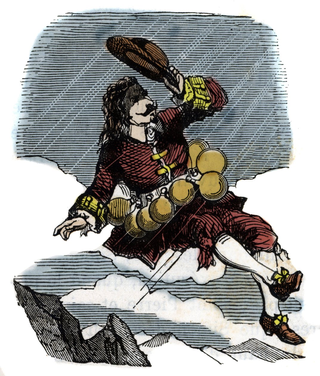 Cyrano de Bergerac rises in the sky thanks to vials of rosee and voyage to the moon, illustration of the novel by Hercules Savinien Cyrano de Bergerac (1619-1655): “” The other world”” 作者 法语学校