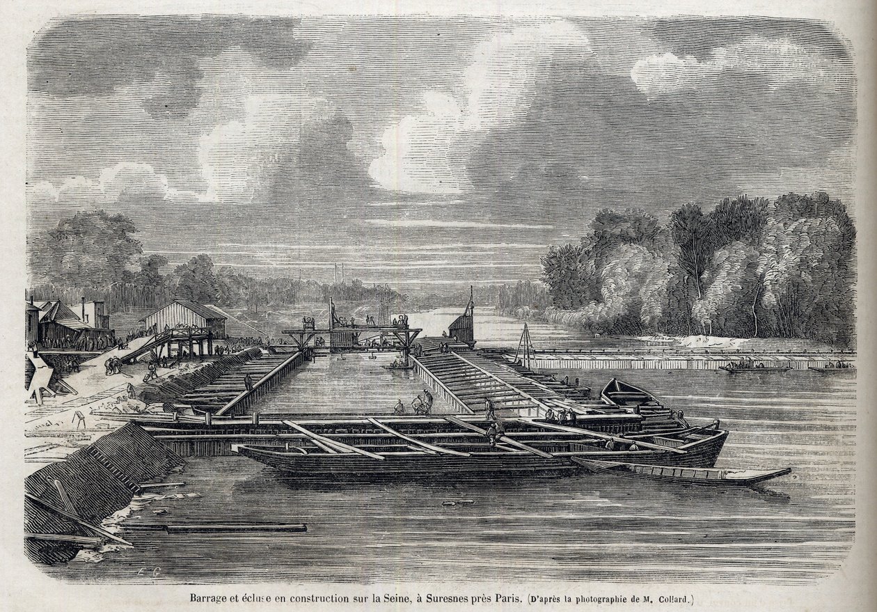1866年在SURESNES的塞纳河上爆发的大坝 - 雕刻 - Le Monde Illustré 1866年 作者 法语学校