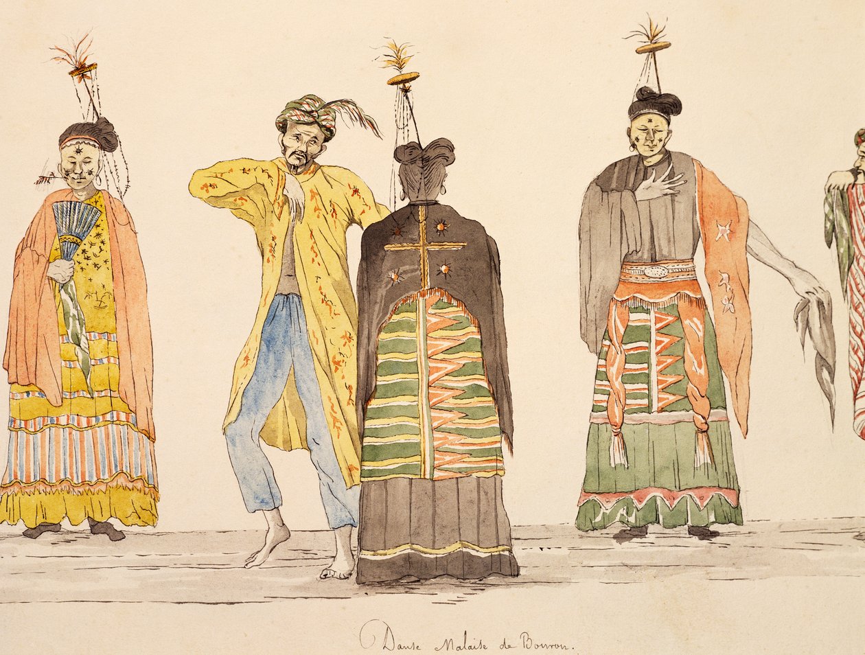 摩鹿加群岛布鲁岛的土著舞蹈，儒勒-路易-勒让的水彩画，基于《环球航行》。 作者 法语学校