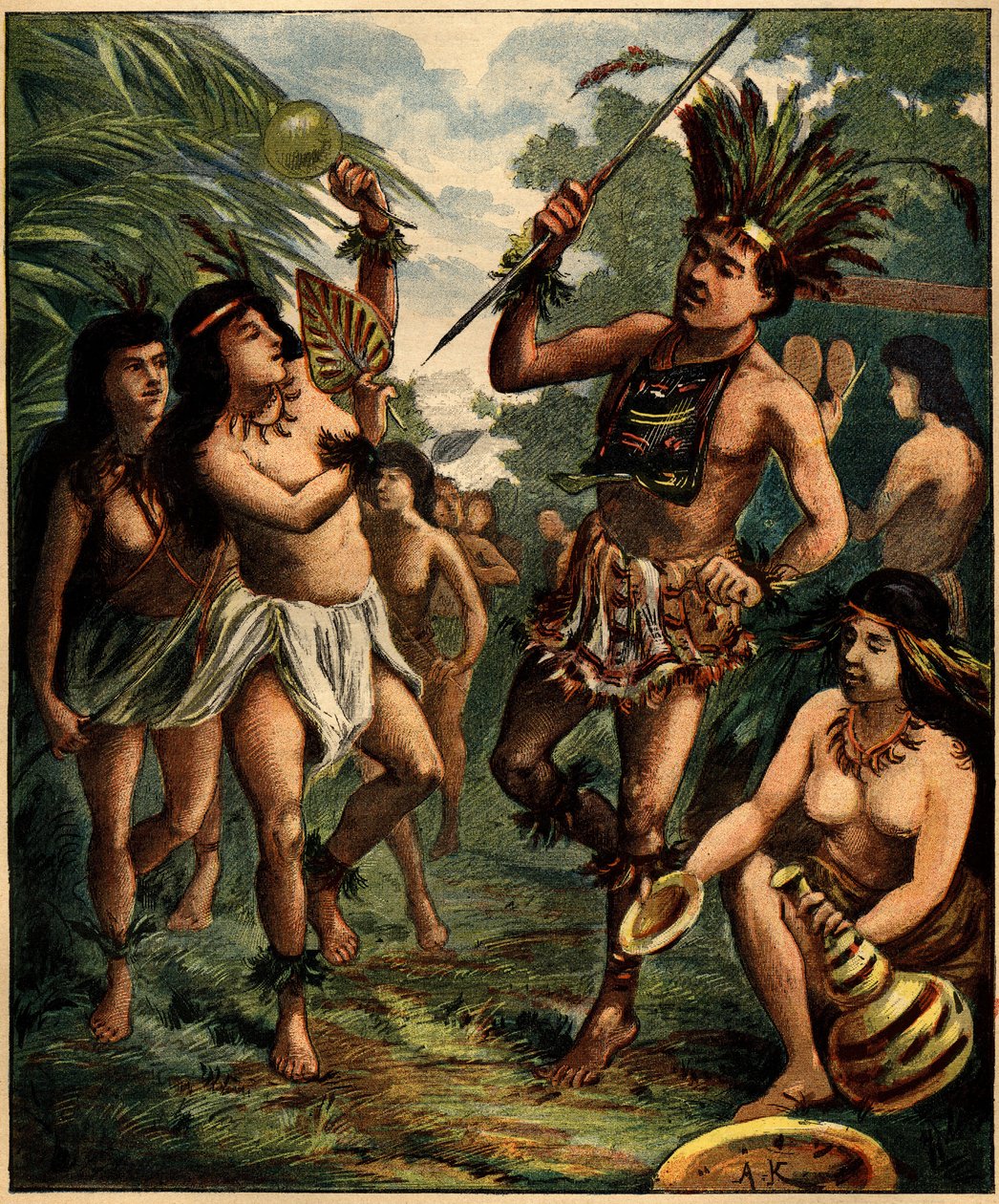 Dance of Roucouyan Indians in the Caribbean. Engraving in “” La Terre Illustree”” n°77 of 21 April 1892. 作者 法语学校