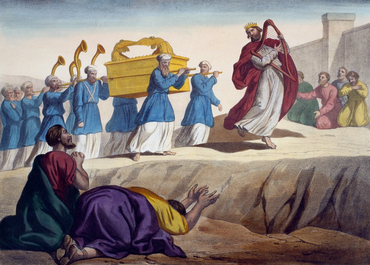 大卫护送约柜到耶路撒冷，插图来自教理问答LHistoire Sainte，由巴黎查尔斯德拉格雷夫出版，19世纪末 作者 法语学校