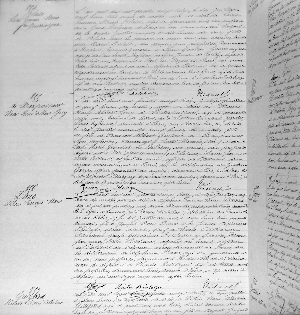 1893年7月7日Guy de Maupassant死亡证书（1850-93）（纸笔墨水）（详情）（另见199747） 作者 法语学校