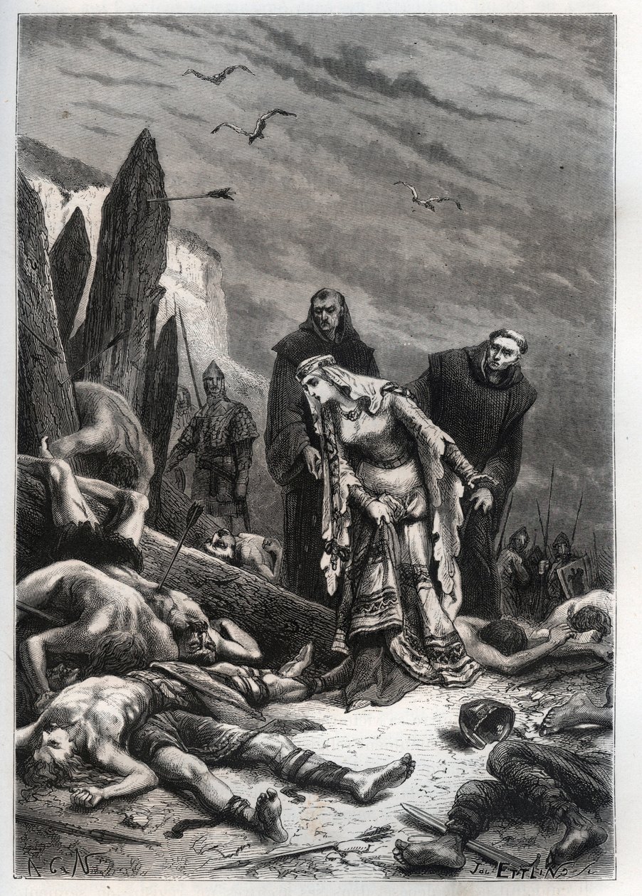 哈罗德二世（1022-1066）国王在1066年黑斯廷斯战役中死亡--被称为伊迪丝-拉-贾斯特（1025-1086）的伊迪丝-斯万内沙（Swanneck）发现了他丈夫的尸体--埃尔德吉斯（伊迪丝-费尔或伊迪丝-斯万内沙尔），发现了哈罗德-戈德韦的尸体 作者 法语学校