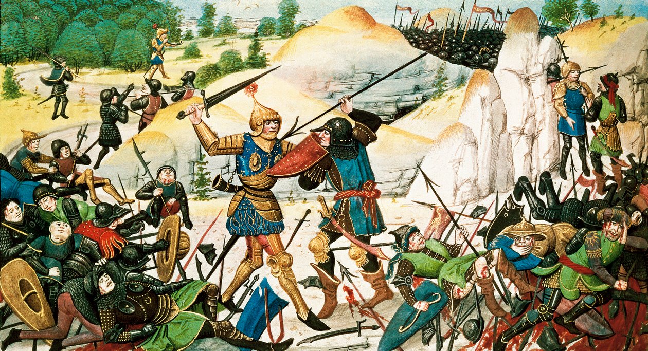 Death of Knight Roland, nephew of Charlemagne, in the battle of Roncesvaux (778) between the Arma of Charlemagne and the Saracens. Miniature of the 14th century. 作者 法语学校