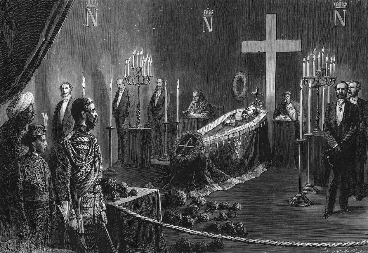 拿破仑三世之死：1873年2月14日，拿破仑三世的遗体在坎伯顿宫的燃烧小教堂里。 作者 法语学校