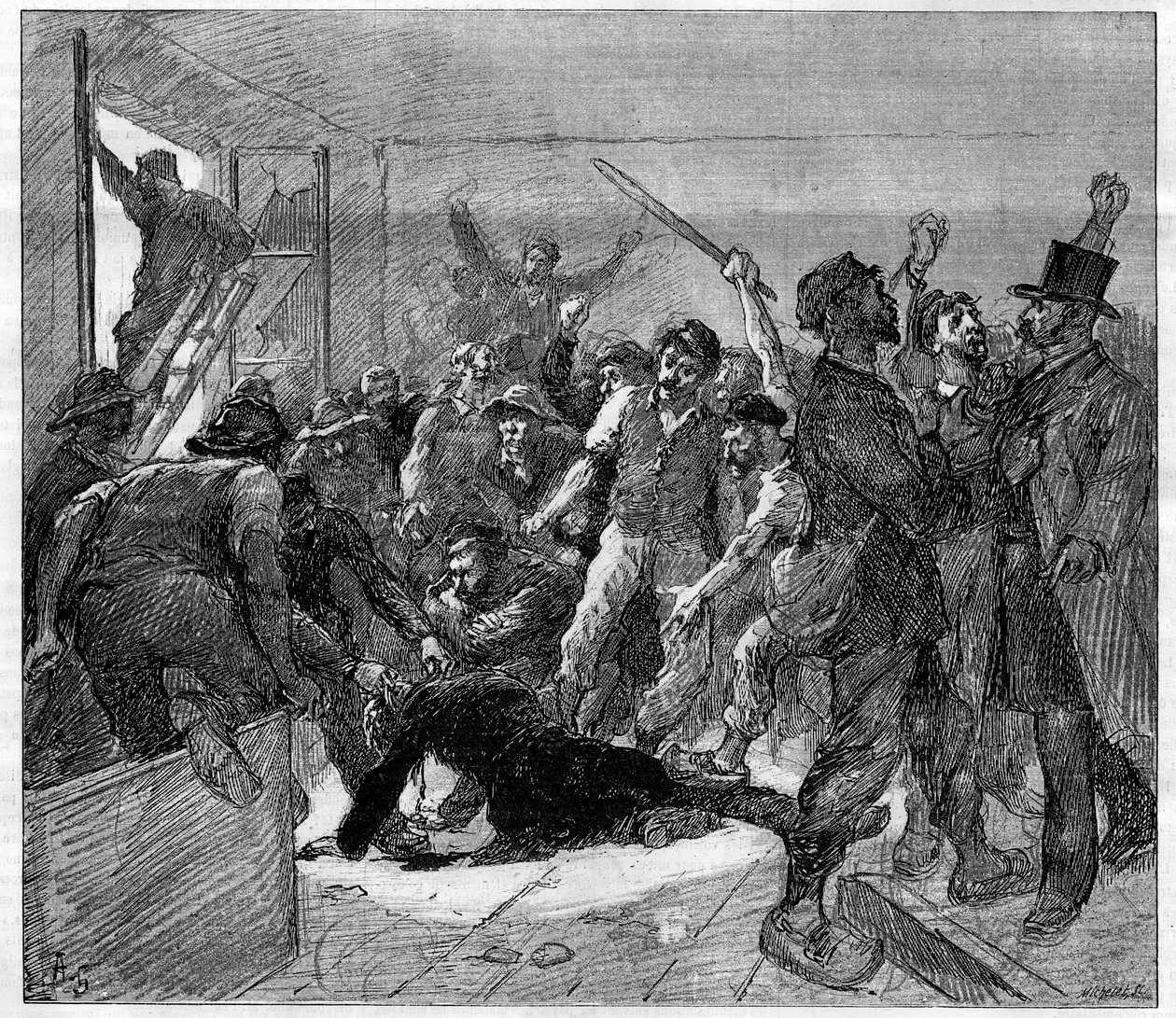 1886年Decazeville (Aveyron)矿工罢工：工程师Watrin被Grevists谋杀。1886年2月6日，《世界画报》上的版画。 作者 法语学校