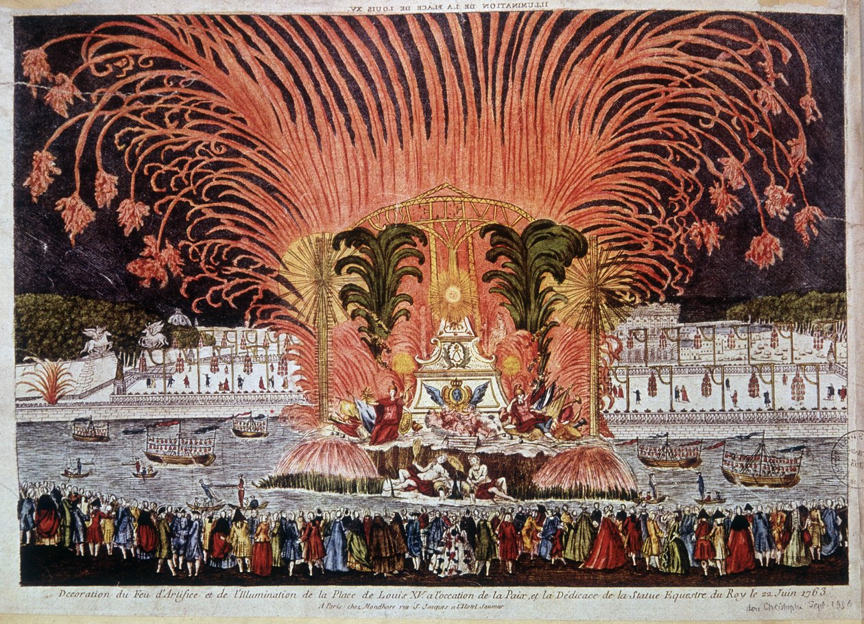1763年6月22日，在和平和国王的马术雕像落成之际，路易十五广场的烟火装饰和照明。 作者 法语学校