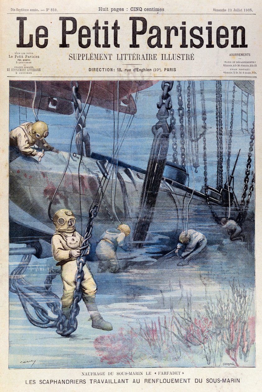 1905年7月23日，来自Le Petit Parisien的Deep Sea Divers试图提升Farfadet 作者 法语学校