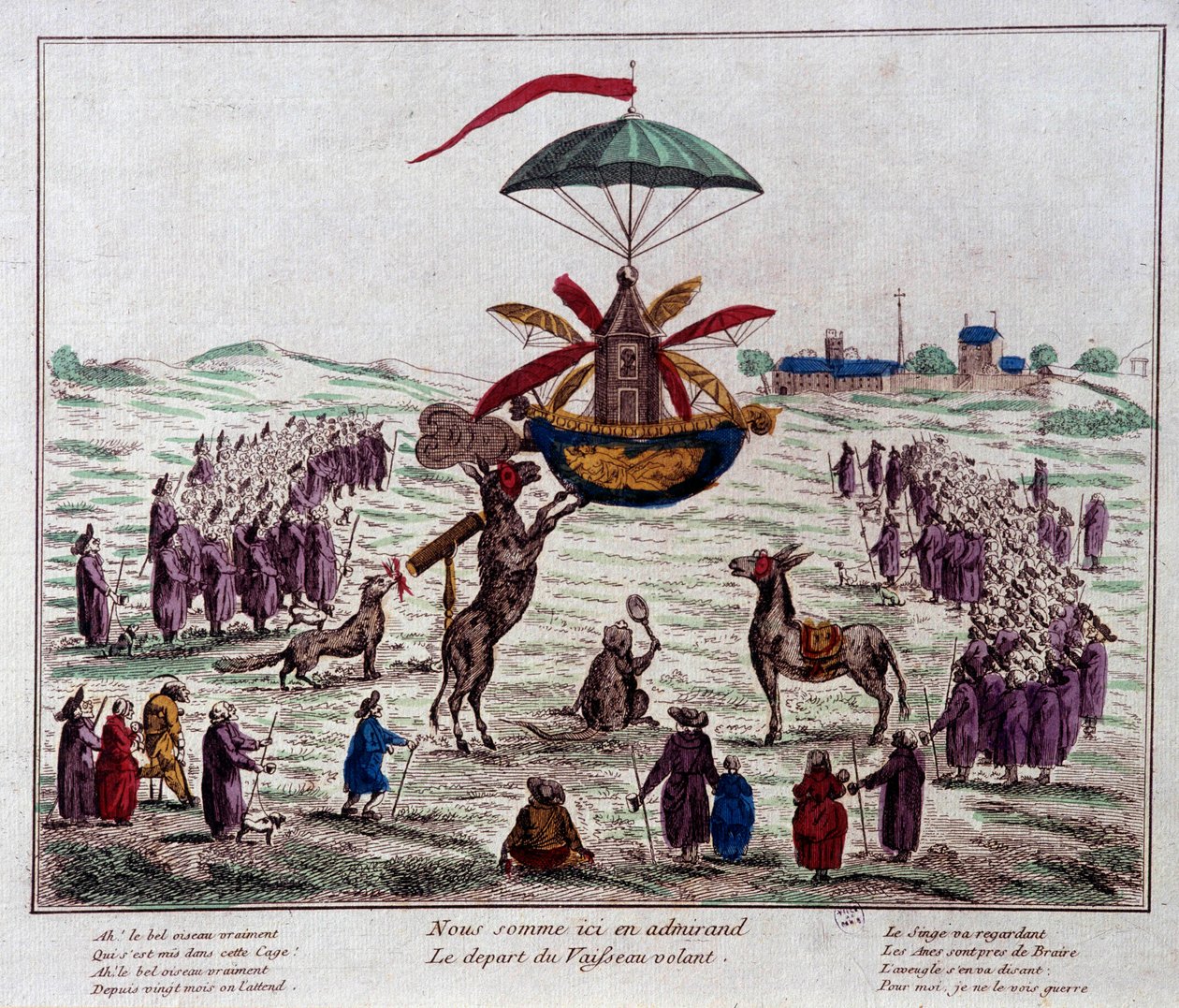让-皮埃尔-布兰查德（1753-1809）想象的飞行器上的讽刺船出发了：驴子、猴子和盲人看着装有六个翅膀和一个舵的奇怪机器。18世纪末的版画。巴黎，卡纳博物馆 作者 法语学校