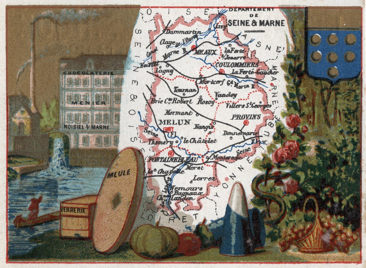 法国法兰西岛（Ile-De-France）塞纳河和马恩省（Seine-Et-Marne，77），法国。当地特产：马恩河畔诺伊西尔（Noisiel-sur-Marne）的巧克力工厂Menier chocolaterie，玻璃制品，磨石。关于法国各省的系列报道。铬酸盐 作者 法语学校