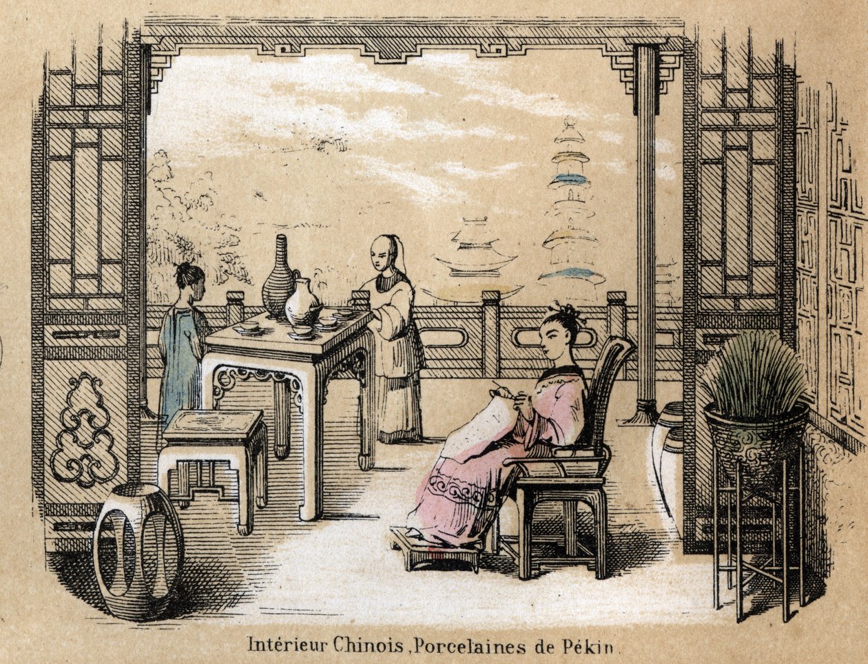 说明粘土的各个制造阶段和用途：中国室内的北京瓷器。Jules DELBRUCK创作的 "Les Recreations instructives "中的图版 "The clay and its products"，1860年的雕刻。私人收藏 作者 法语学校