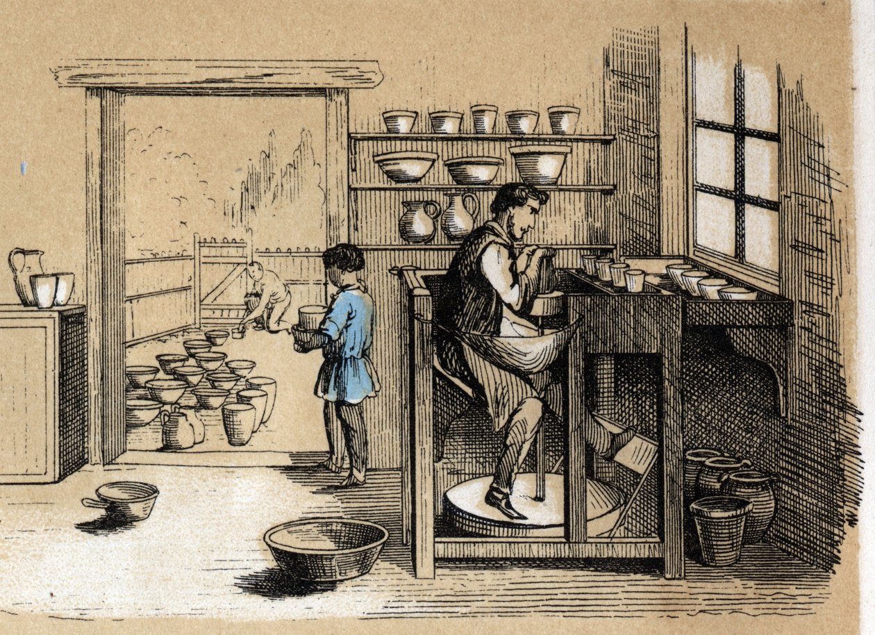 描述粘土的各个制造阶段和用途：一个陶工轮流工作。"Les Recreations instructives "中的板块 "粘土及其产品"，Jules DELBRUCK的概要画，1860年的雕刻。私人收藏。 作者 法语学校