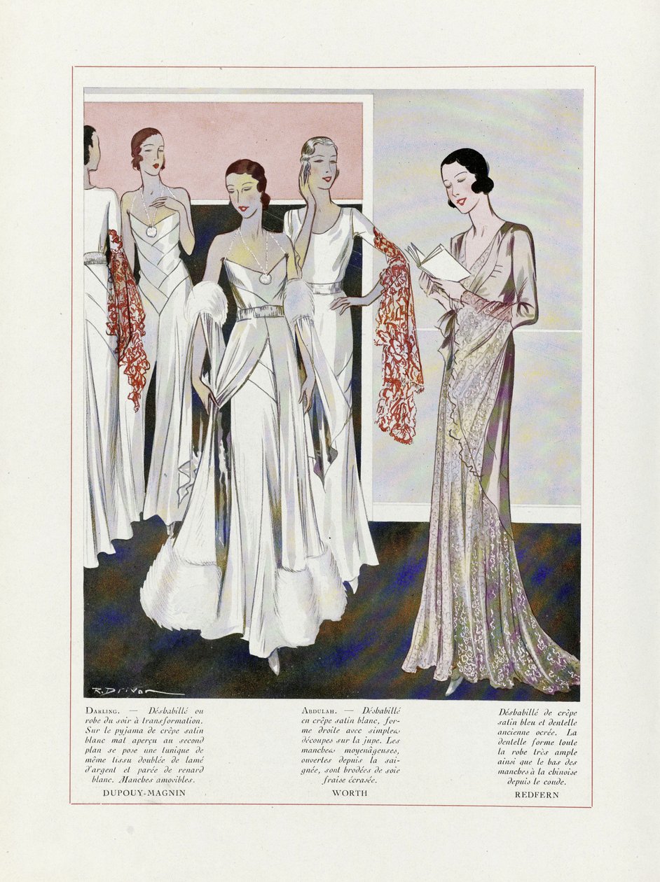 Depouy-Magnin、Worth 和 Redfern 的《晚礼服设计》，选自《艺术、痛风、美容》，1931 年出版（彩色印刷）。1931 年（彩色印刷版） 作者 法语学校
