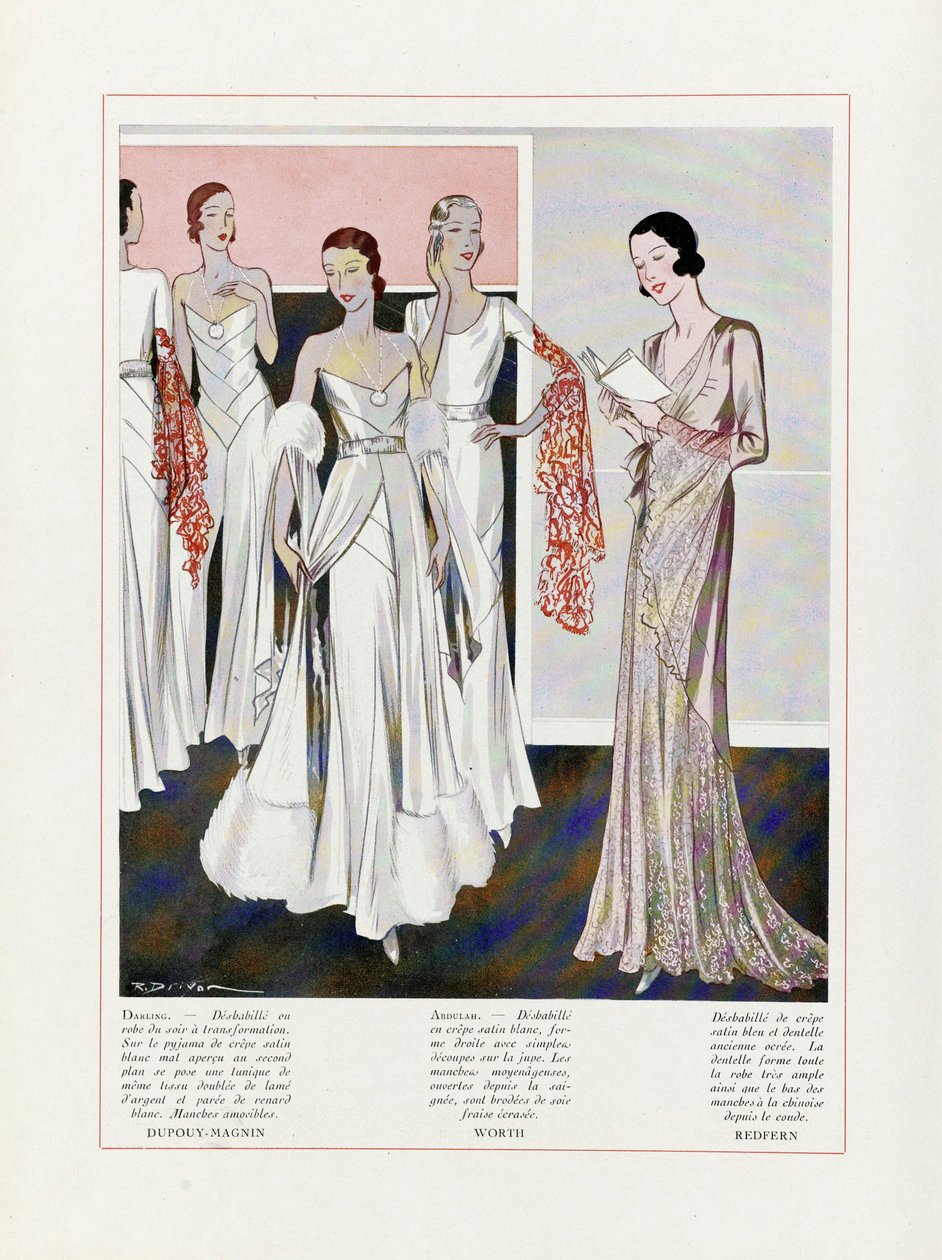 德普伊-马格南、沃斯和雷德芬的晚礼服设计，出版。1931年彩色石版画。 作者 法语学校