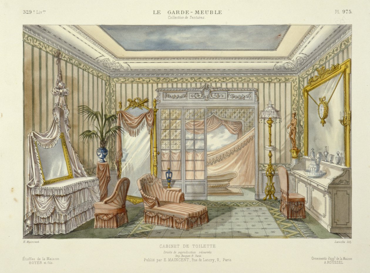 来自 Le Garde-Meuble 的浴室套房设计，巴黎，约 1890 年（彩色石版印刷）。巴黎，约 1890 年（彩色石版印刷） 作者 法语学校