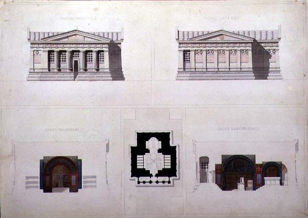 希腊复兴风格的陵墓设计，C.1835（纸上水彩笔墨）。 作者 法语学校