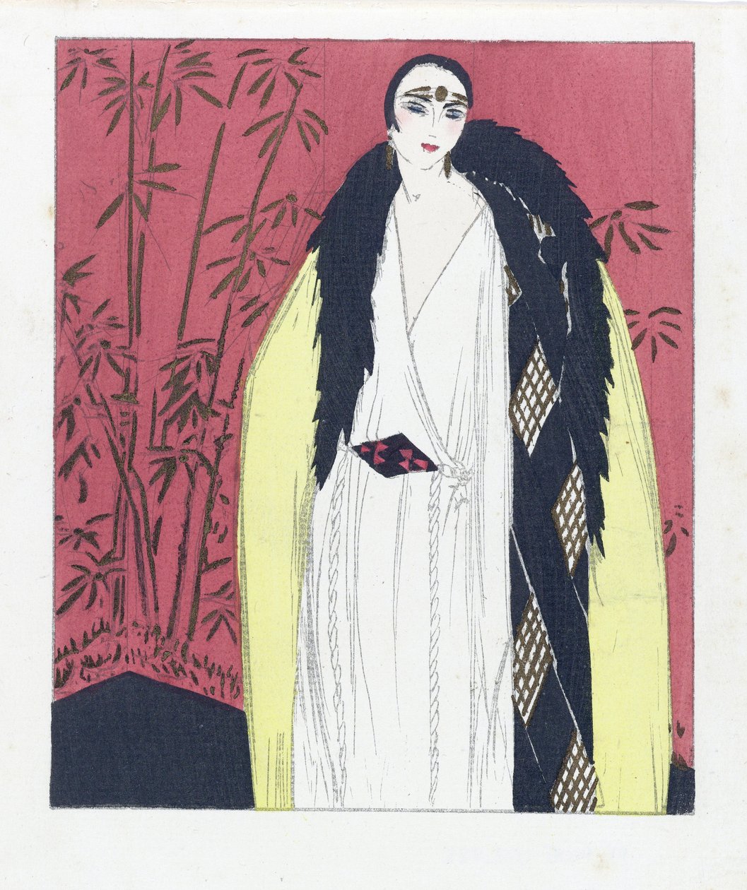 带毛皮装饰的晚礼服设计，出版于 1924 年。1924 年（pochoir 印花） 作者 法语学校