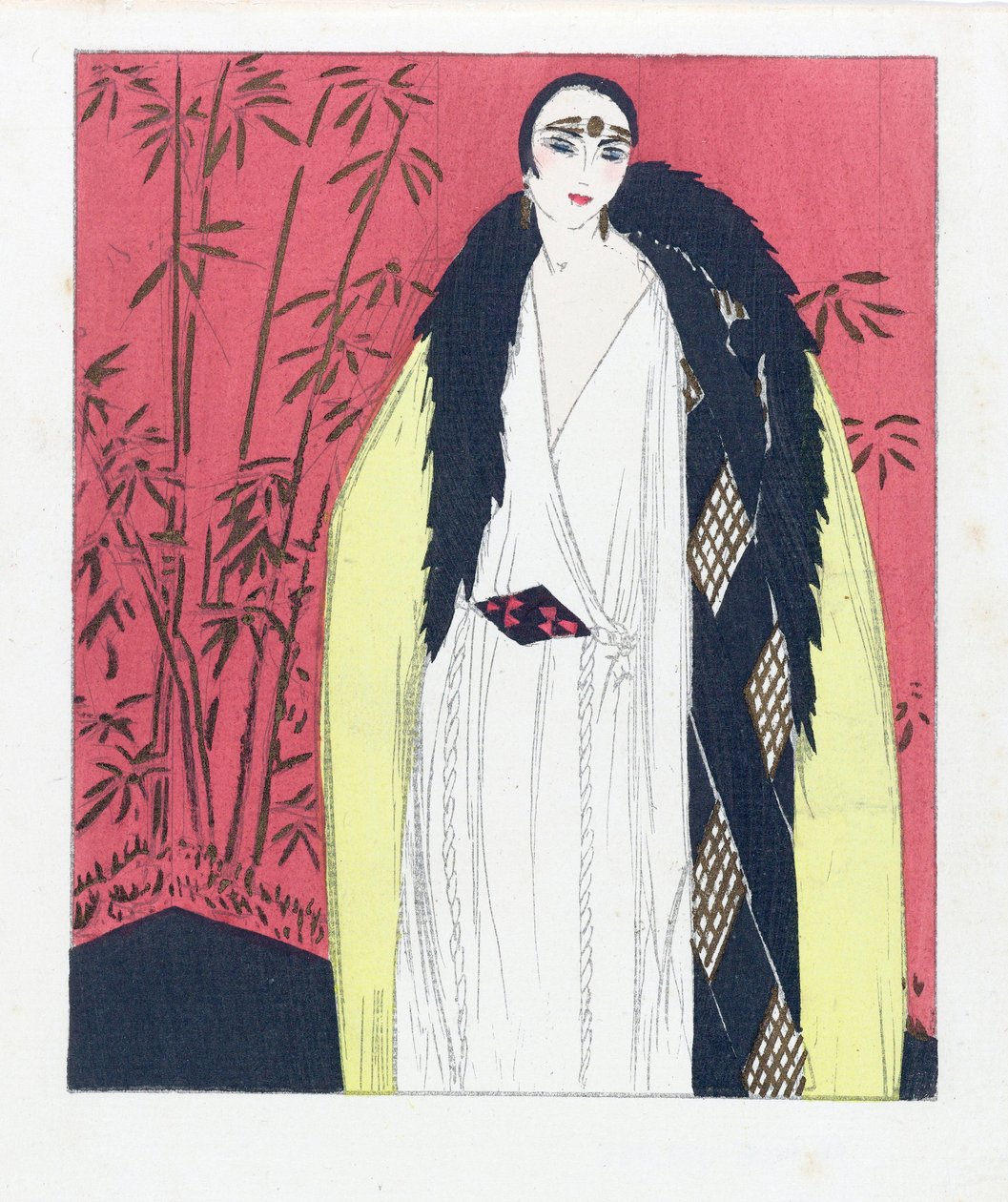 带毛皮边角的晚礼服设计，Pub.1924年的波奇尔印刷品。 作者 法语学校