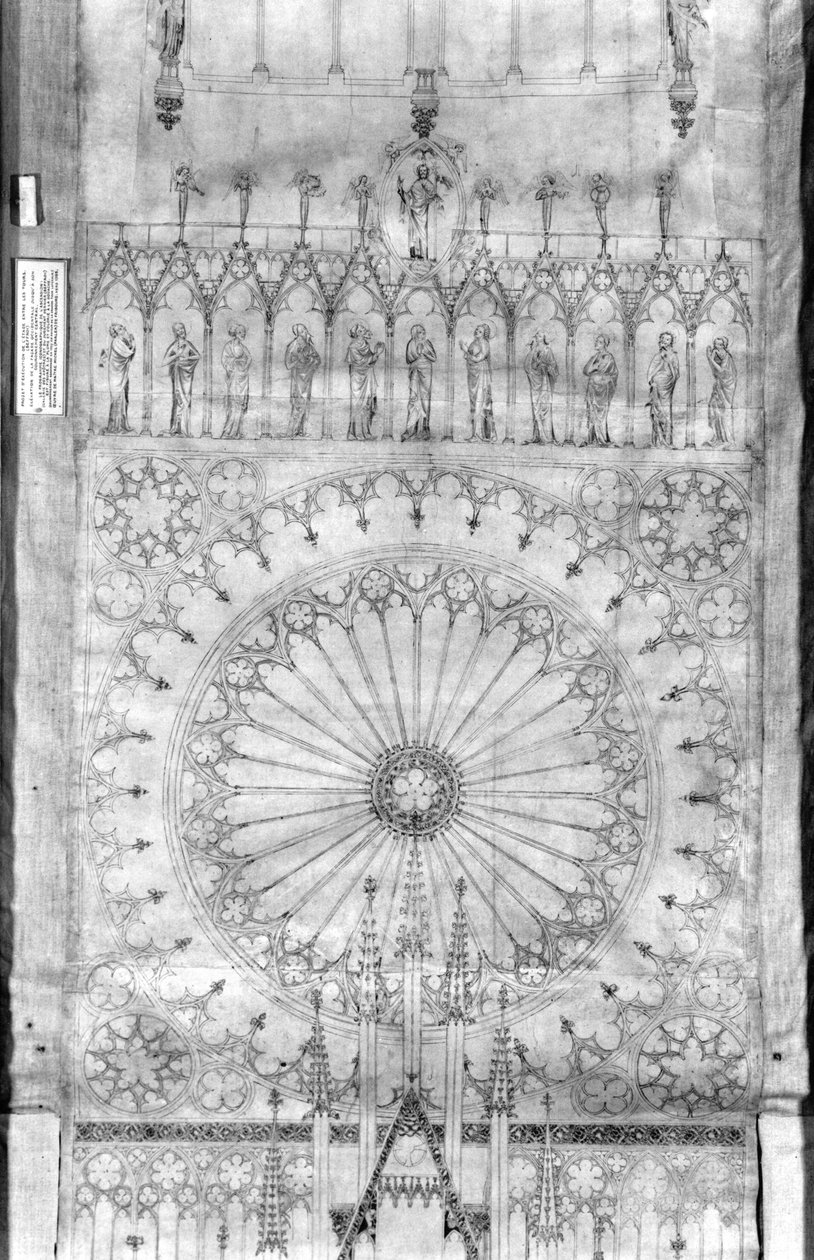 在斯特拉斯堡大教堂的立面上设计玫瑰窗和国王画廊，c.1380（纸和笔墨水和水粉）（详见207685） 作者 法语学校