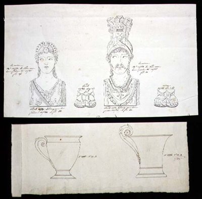 鎏金青铜或木质家具支架和法国帝国瓷杯的设计，约1820年（纸上笔墨）。 作者 法语学校