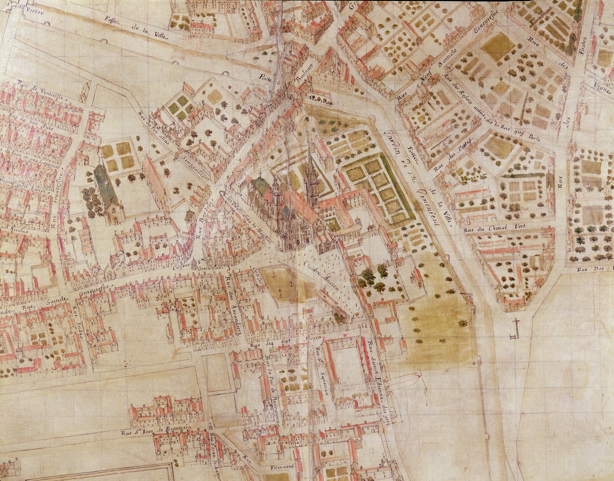 显示Montagne Sainte-Genevieve山顶的巴黎地图的细节，1664年 作者 法语学校