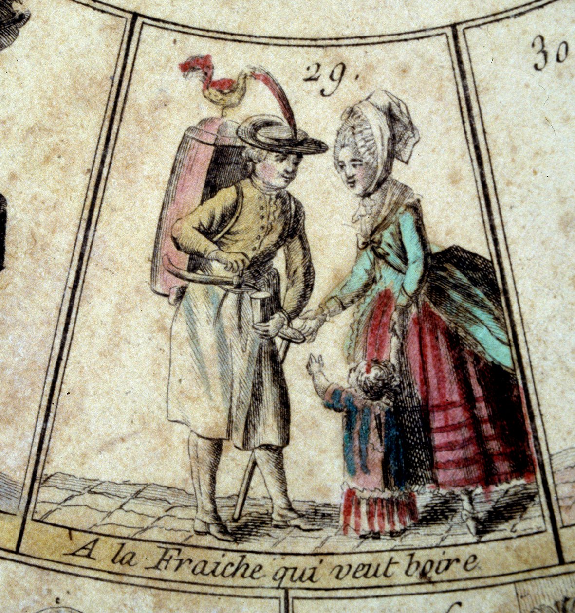 Detail of the game of the Goose of the Cree of Paris: the dairy and the water carrier. Engraving of the 18th century. Coll. Leaving. 作者 法语学校