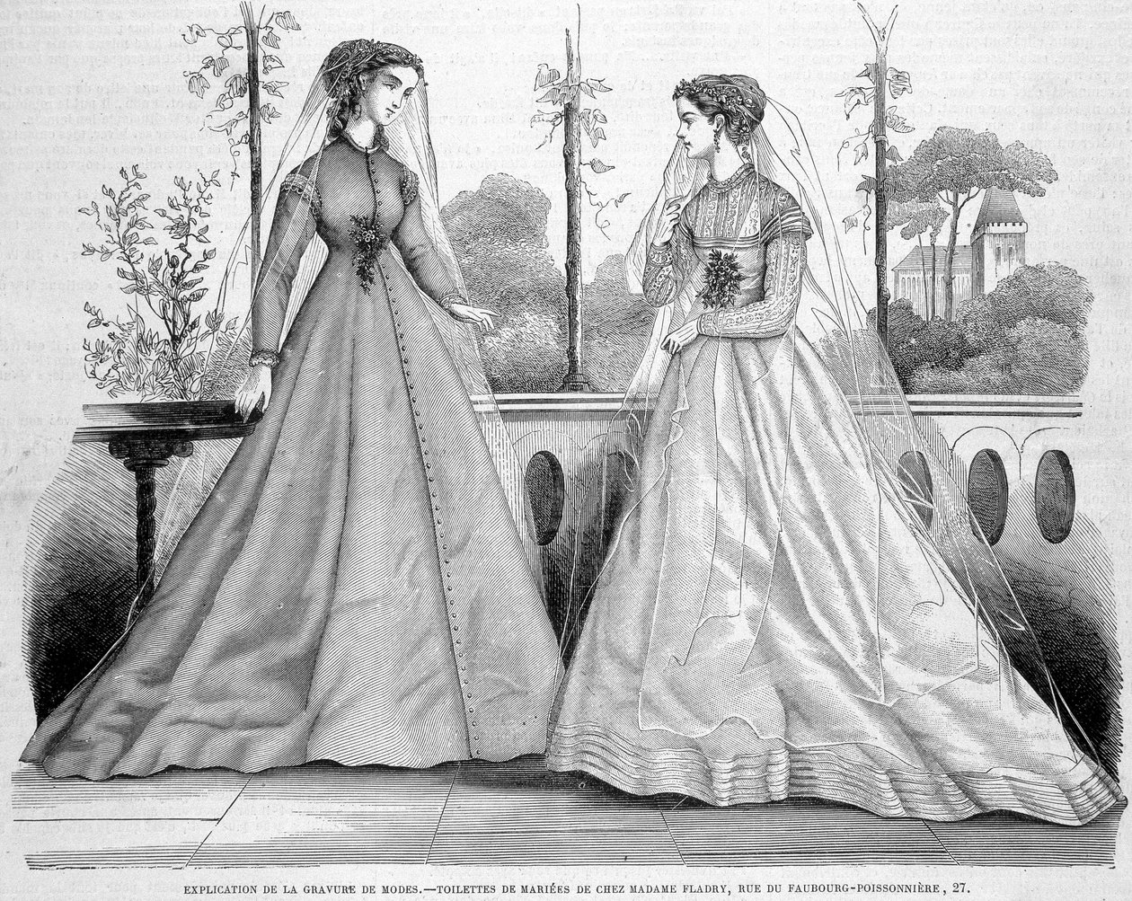 弗拉德里夫人的两位新娘洗漱用品 - 1867 年 9 月 29 日的“”La Mode illustrée”“”。 作者 法语学校