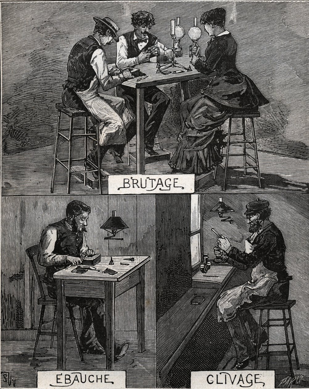钻石切割，声音，粗糙和裂纹。1885年阿道夫-比塔尔在 "Les arts et metiers illustrstres "中的雕版画。 作者 法语学校