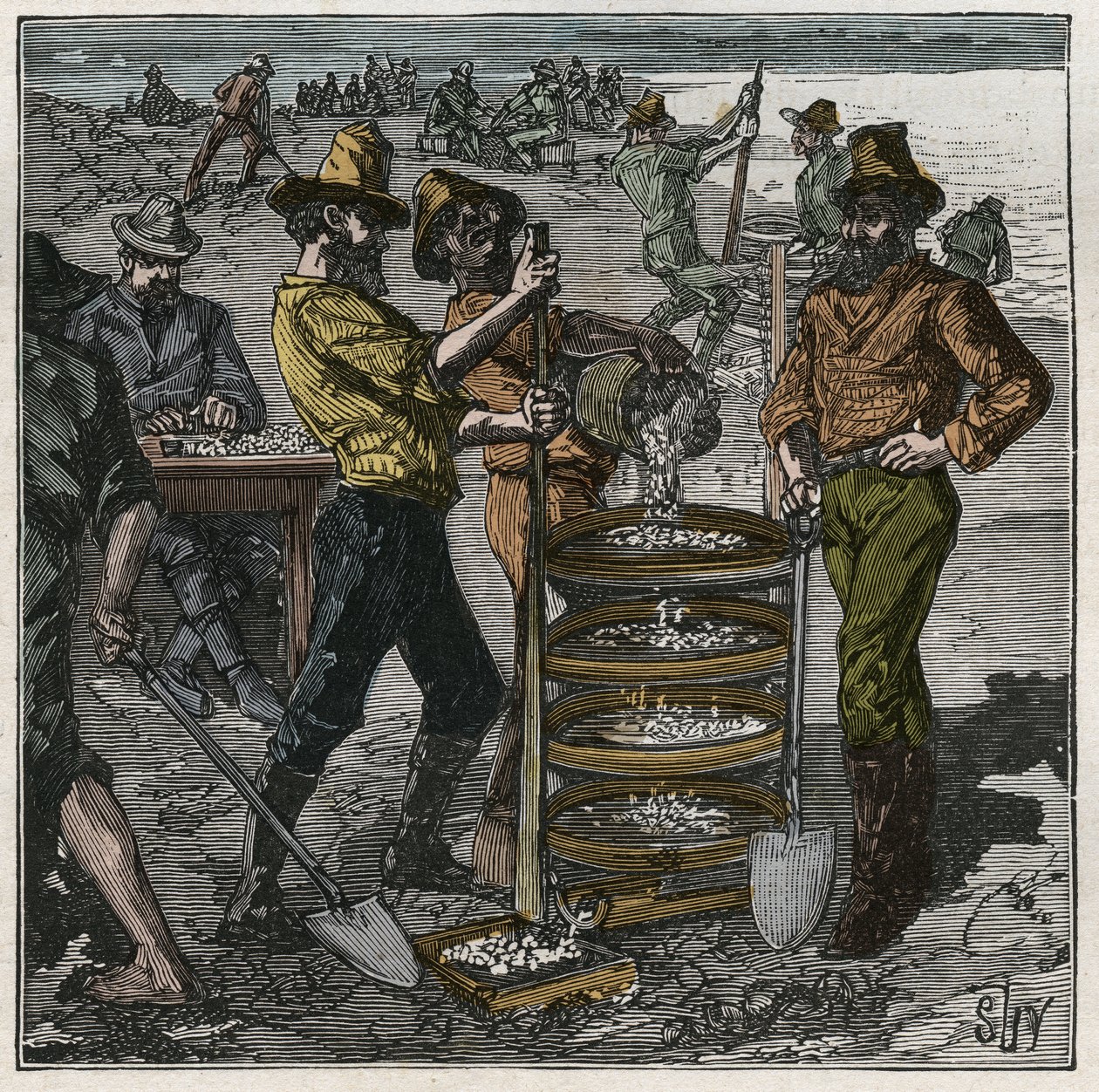 19世纪在南非洗钻石。雕刻于1885年的 "Les arts et metiers illustrstres"，作者是Adolphe BITARD。 作者 法语学校