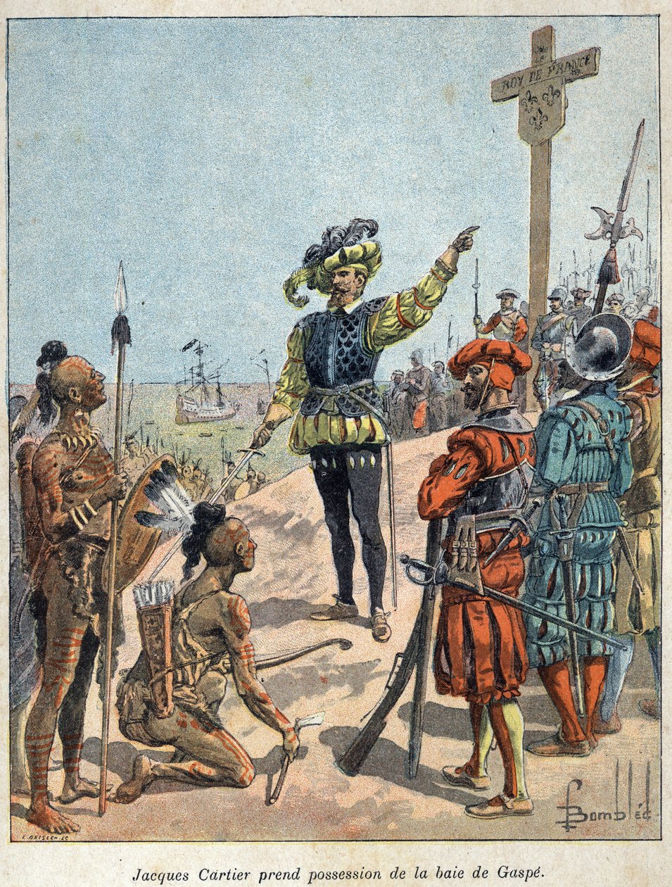 发现加拿大。雅克-卡蒂尔（1491-1557），法国航海家和探险家，在7月24日占据了加斯佩湾，并将十字架抹去。 作者 法语学校