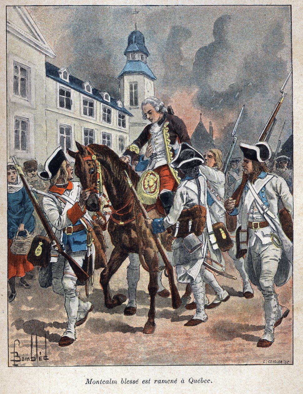 发现了加拿大。路易斯-约瑟夫-蒙卡姆（Louis Joseph de Montcalm，1712-1759），法国将军，在英国人围攻魁北克市时受伤，1759年被带回魁北克。19世纪末由尤金-盖宁（Eugene Guenin）创作的《新法国》中的版画。 作者 法语学校
