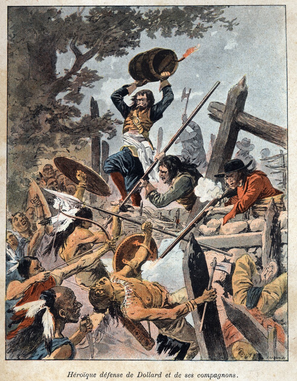 发现加拿大：1657年，Adam Dollard des Ormeaux（1635-1660）和他的同伴为保护他们的营地而对美洲易洛魁的印第安人进行了防御。19世纪末的雕版画，载于《新法国》，作者是尤金-盖宁。 作者 法语学校