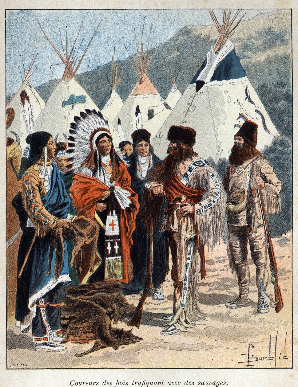 发现加拿大：coureurs de bois，参与了与美洲印第安人的皮毛贸易，在17世纪进行兽皮交易。19世纪末在《新法国》中的版画，作者是尤金-盖宁。 作者 法语学校