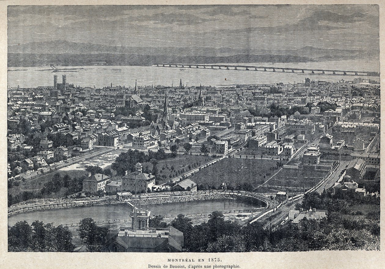 发现加拿大：1875年蒙特利尔市的景色。Benoist根据照片绘制的图画。19世纪末的雕版画，载于尤金-盖宁的《新法国》。 作者 法语学校