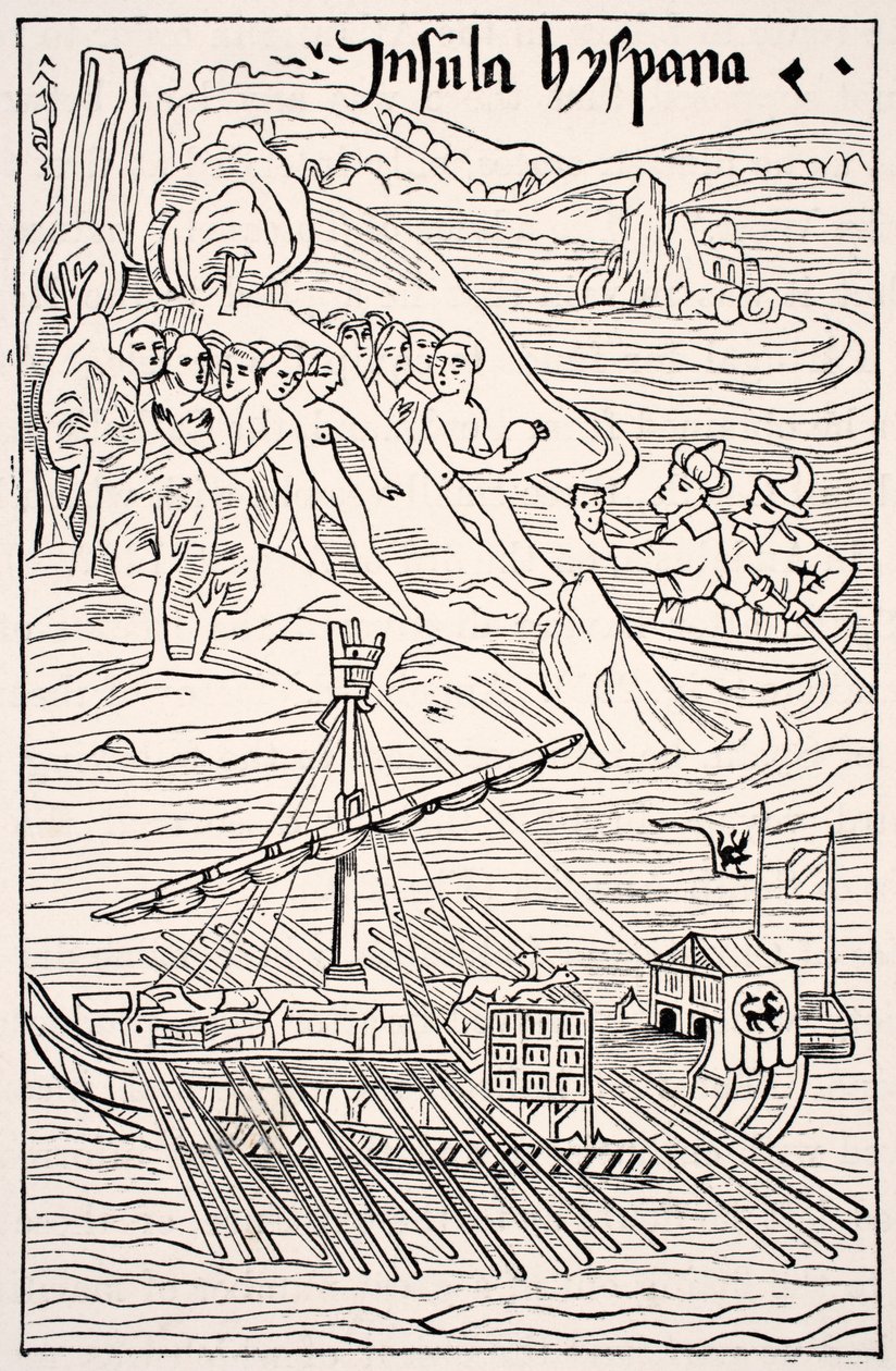 克里斯托弗-哥伦布（Christopher Columbus）发现圣多明各（Insula Hyspana），《克里斯托弗-哥伦布书信集》（Epistola Christoferi Colom）木刻的传真件，摘自保罗-拉克鲁瓦（Paul Lacroix）出版的《中世纪的科学与文学》（Science and Literature in The Middle Ages）。伦敦，1878 年 作者 法语学校