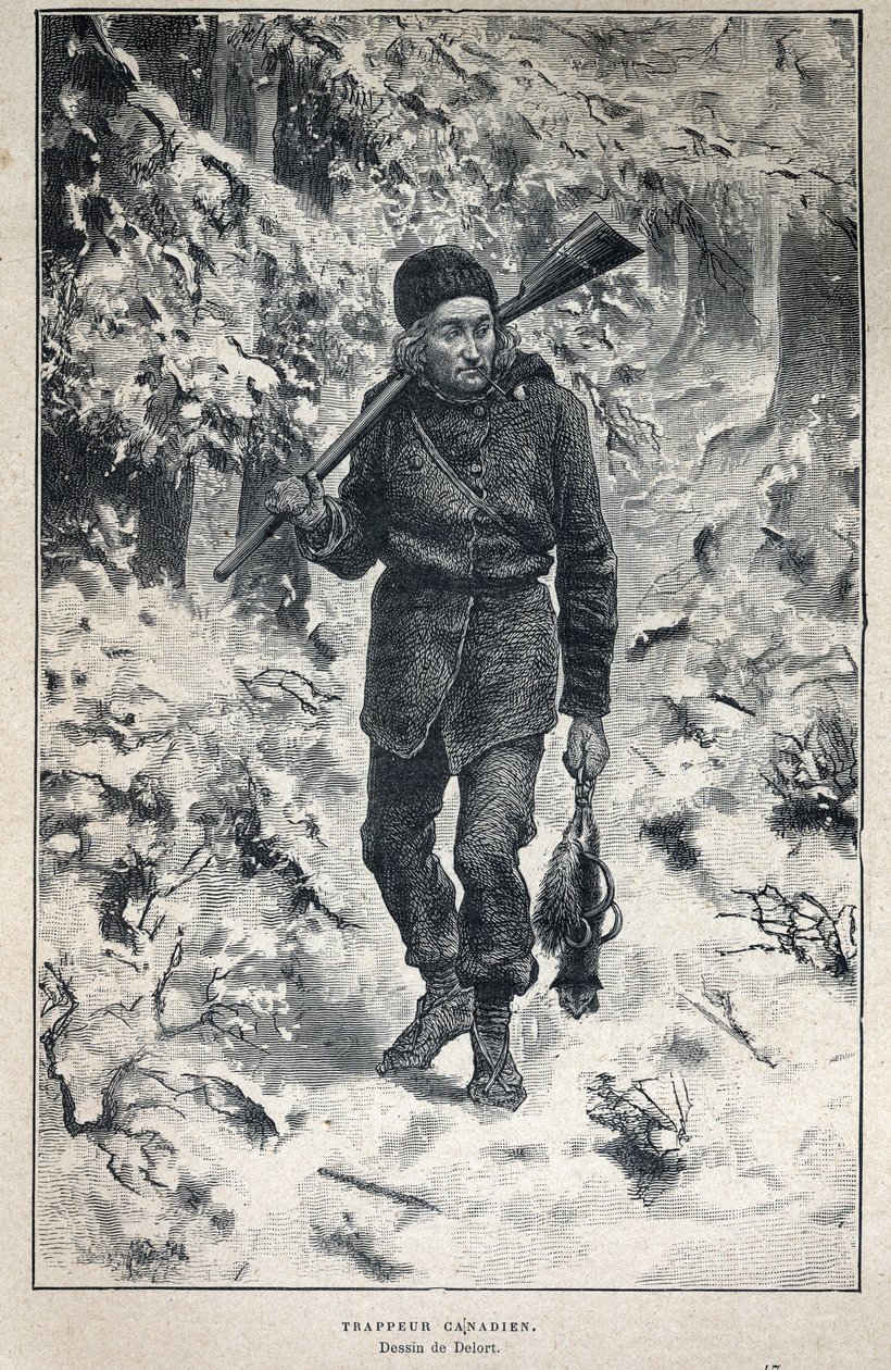 Disouverte du Canada：一个加拿大捕猎者在森林中的画像。19世纪末的雕版画，载于《新法国》，作者是尤金-盖宁。 作者 法语学校