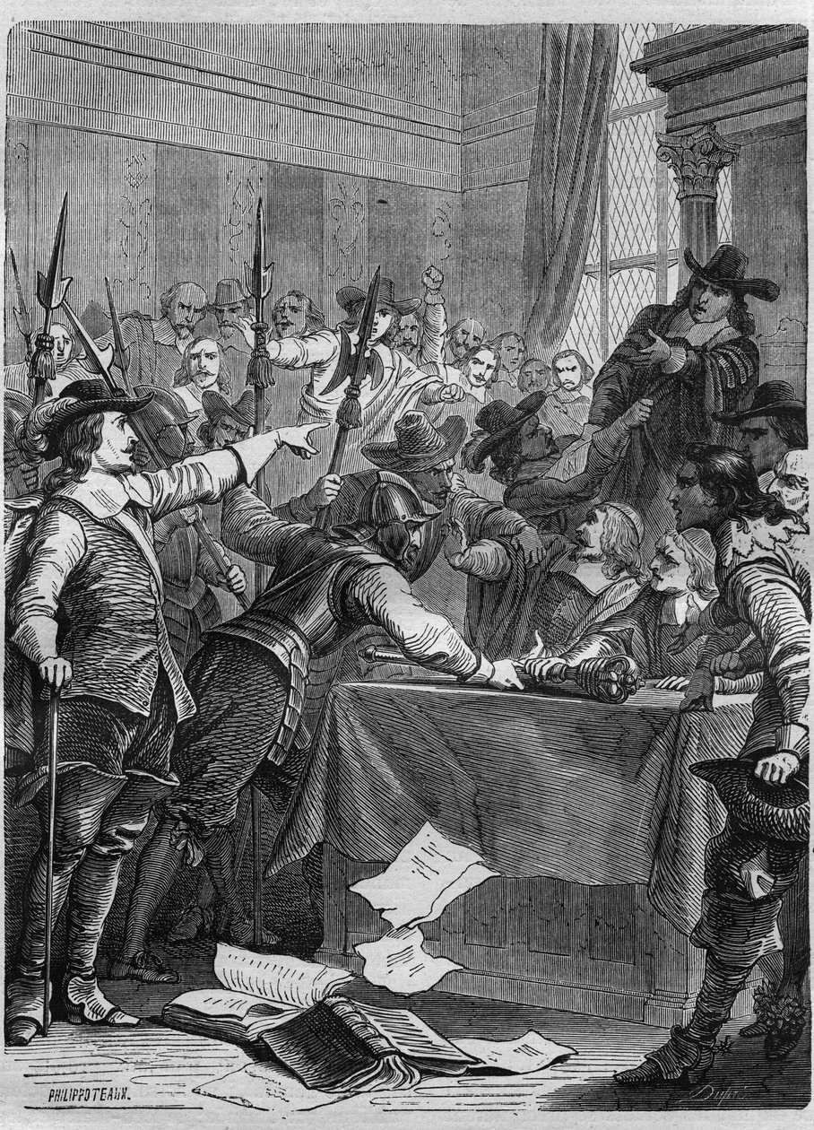 奥利弗-克伦威尔（Oliver Cromwell，1599-1658年）统治英国的军事家和政治家，解散议会。莫里斯-拉夏尔在 "教皇的历史（......）历代女王国王和皇帝的罪行 "中的雕刻作品 作者 法语学校
