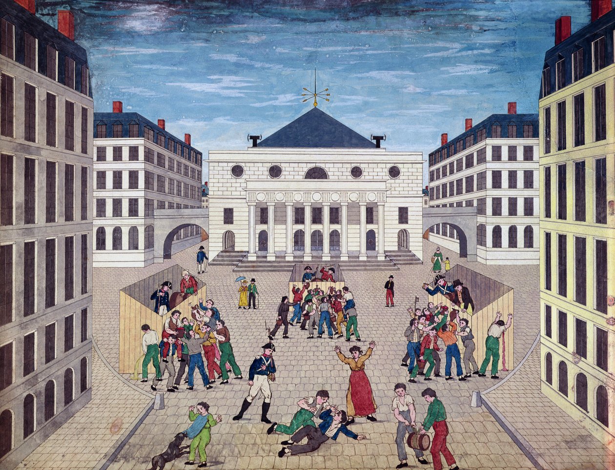 在巴黎的Place de lOdeon分发葡萄酒，c.1805-10（纸上写着） 作者 法语学校