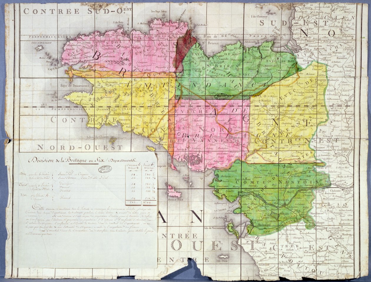 将布列塔尼划分为六个省，约1789-90年（彩色平版印刷）。 作者 法语学校
