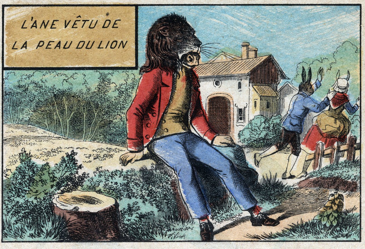 驴子披着狮子的皮。Jean de La Fontaine (1621-95)的寓言。19世纪末的埃皮纳尔影像。 作者 法语学校
