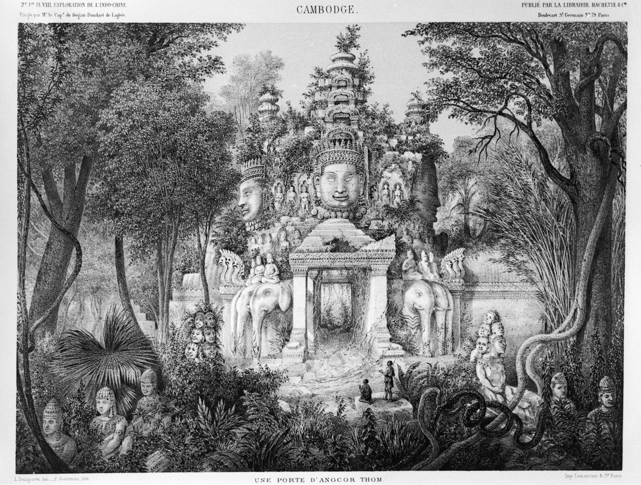 吴哥城的门口，插图来自印度支那的探索之旅的地图集，1866-68由Doudart de Lagree，1873年出版，巴黎，Hachette 作者 法语学校