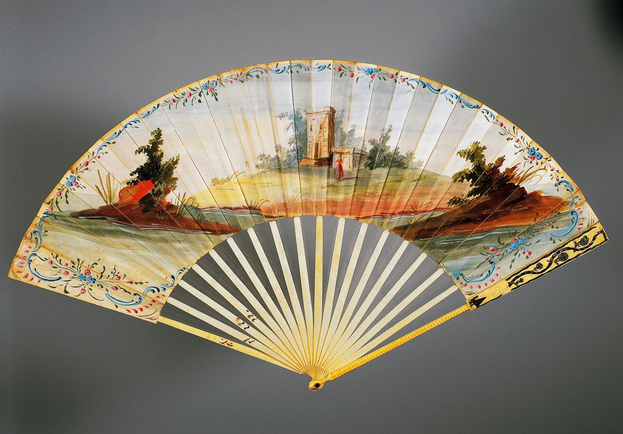 画有田园风光的双叶手扇，象牙和银棱，约1760年，背面，法国 作者 法语学校